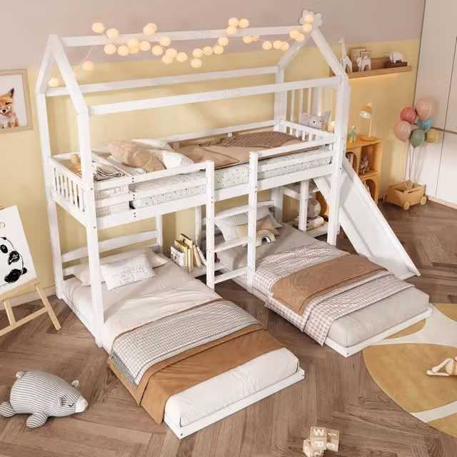 Letto a castello per bambini a 3 posti 90 × 200 cm con scivolo, scala e ripiano, senza materasso, legno e MDF, bianco