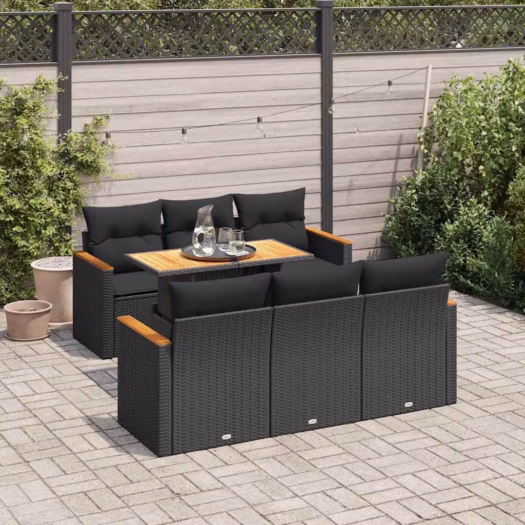 Set di divani da giardino vidaXL a forma di L con cuscini e tavolino, 7 pezzi, in polyrattan e legno di acacia, colore nero
