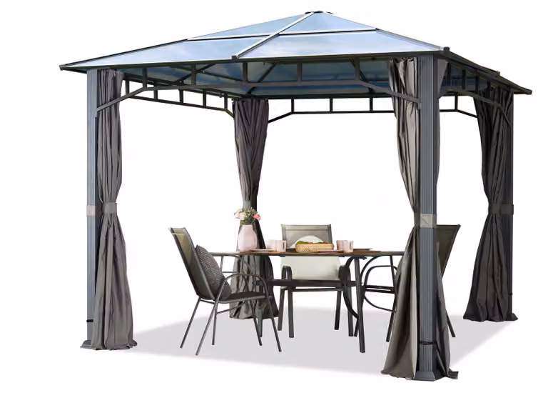 TOOLPORT Gazebo da Giardino 3x3 m Telaio in Alluminio Tetto in Policarbonato da ca. 8 mm 4 Teli Laterali Color Grigio