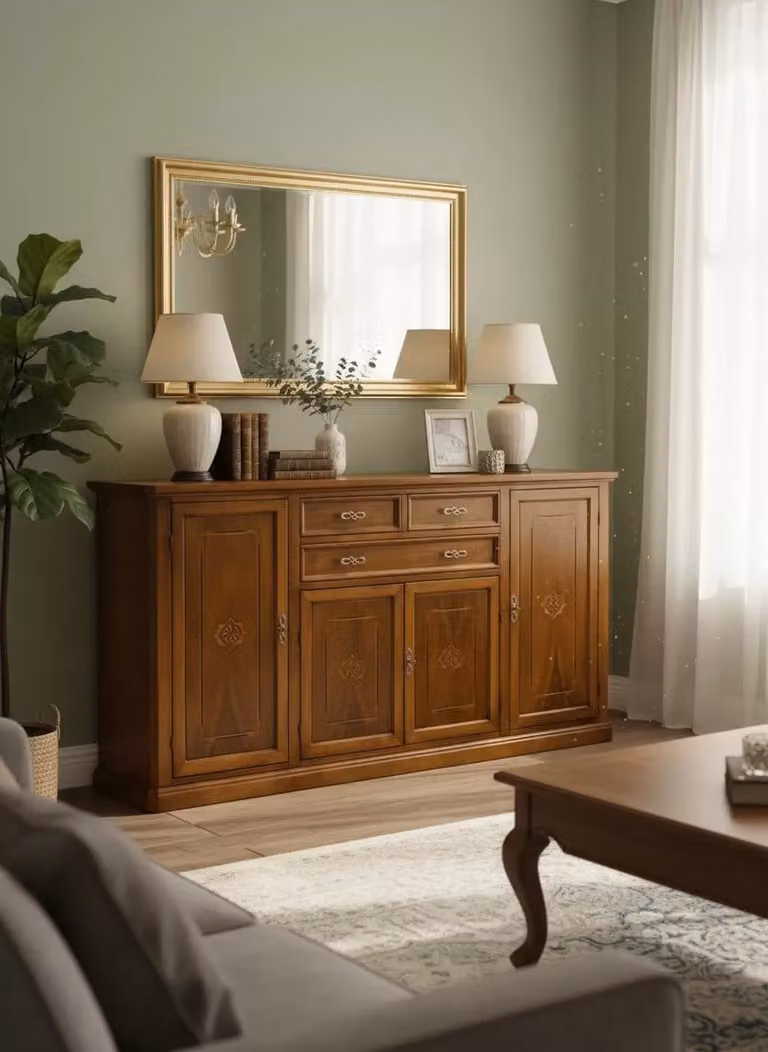 Credenzone in legno noce con intarsi e finitura bassano Mobili 2G L: 211 cm, P: 50 cm, H: 113 cm