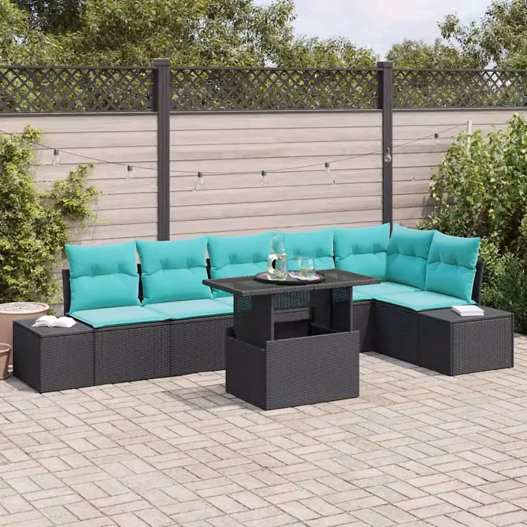 Set Divano da Giardino vidaXL 7 Pezzi Moderno a Forma di L con Tavolino Nero e Cuscini Inclusi