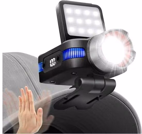 Torcia frontale a LED con sensore e display elettronico, estremamente luminosa, con 5 livelli di intensità, zoom a 180 gradi, resistente all'acqua (IPX4), adatta per la pesca, il campeggio e la corsa.