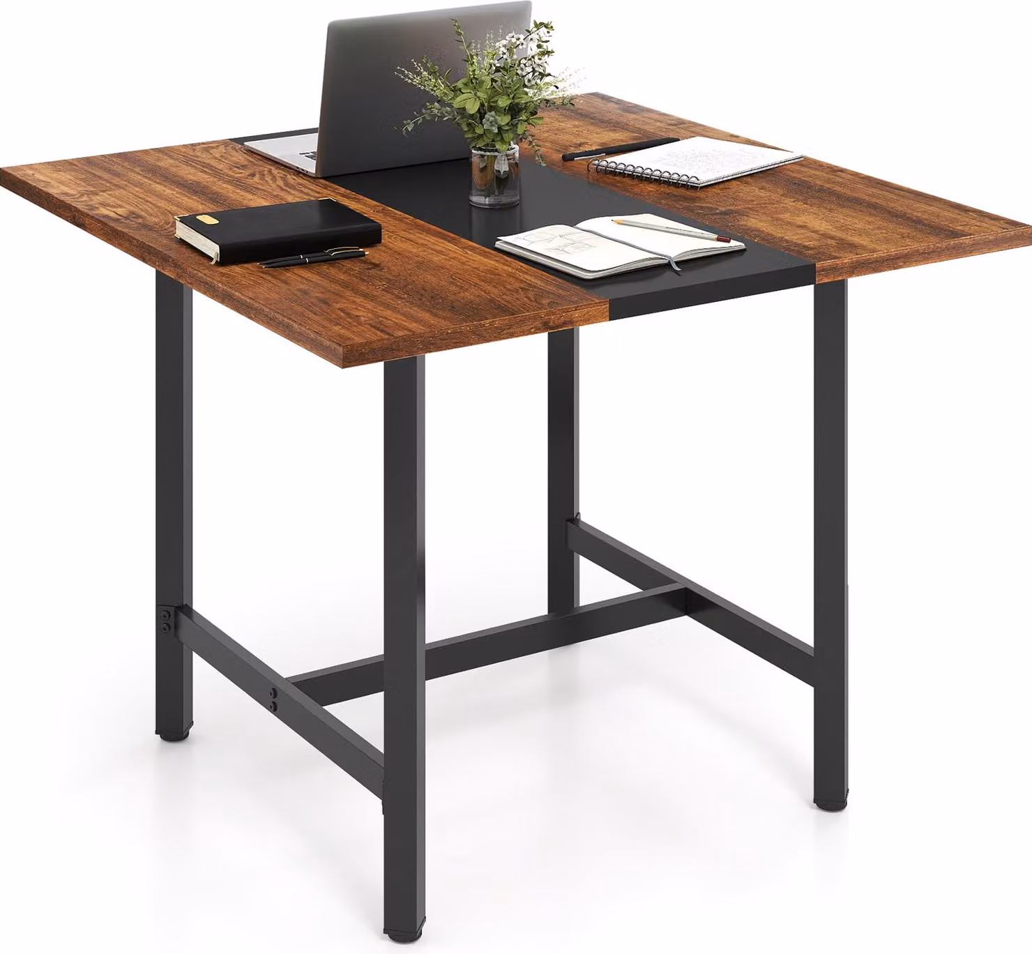 Tavolo da conferenza COSTWAY, tavolo da riunione con struttura in metallo, tavolo da seminario per 4 persone, 100 x 100 x 75 cm, marrone rustico + nero
