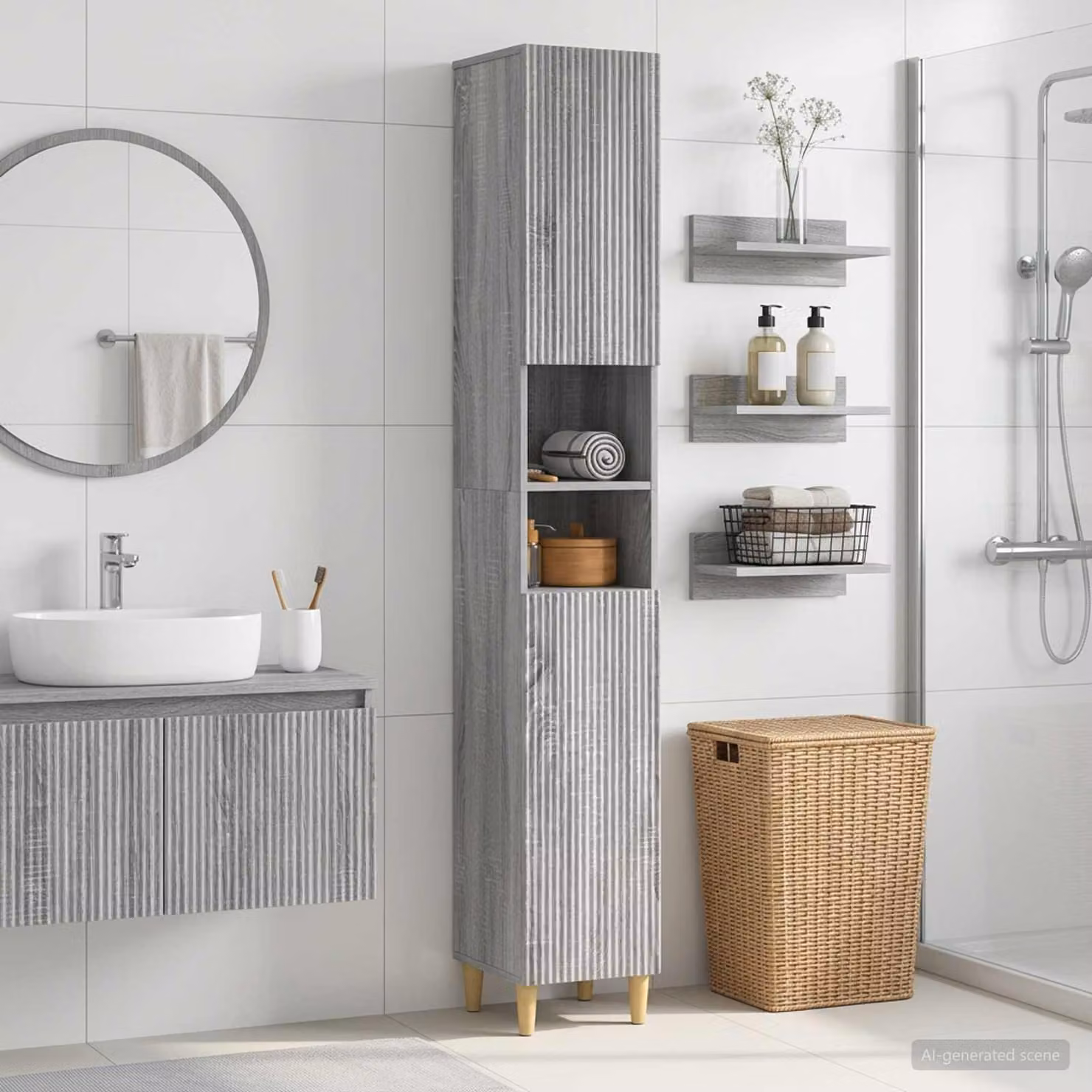 Armadio da bagno moderno vidaXL ARNHEM con ripiano aperto e ante a battente, colore grigio, L: 31 cm, P: 23,9 cm, H: 190 cm