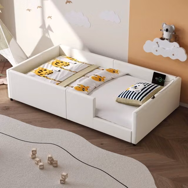 Letto singolo OKWISH in ecopelle bianca con porta di ricarica USB, L/P: 90 x 200 cm