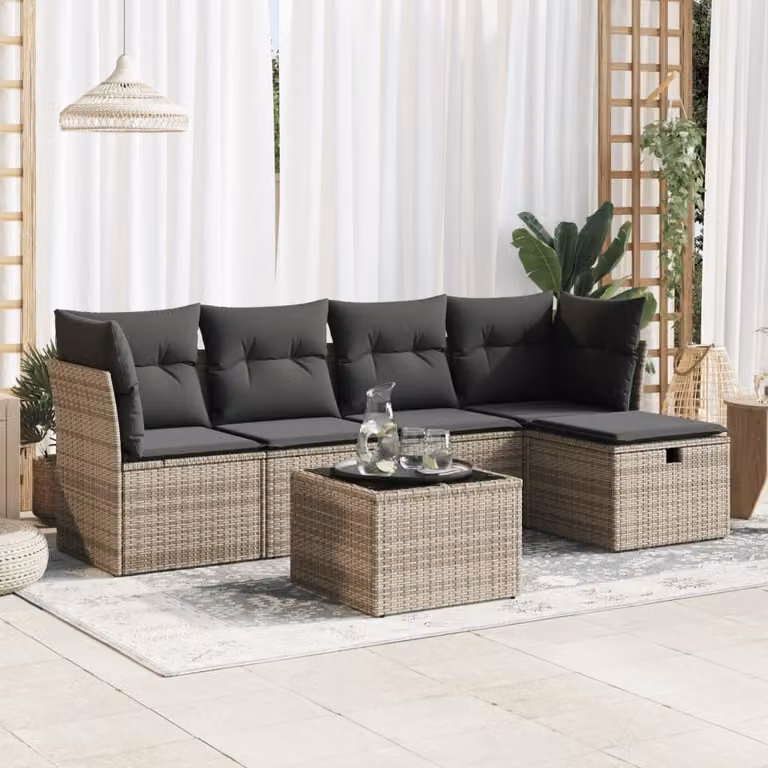 Set Divano da Giardino vidaXL 6 pz in Polyrattan Grigio con Cuscini e Tavolino
