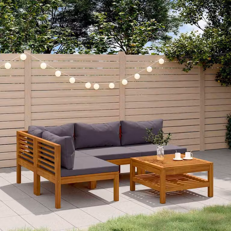 Set Divano da Giardino vidaXL a L in Legno di Acacia con Cuscini Grigi e Tavolino da Esterno