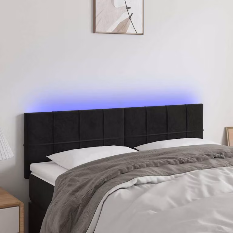 Testiera per letto vidaXL in velluto nero con illuminazione LED e porta di ricarica USB, L: 144 cm, P: 5 cm, H: 78-88 cm