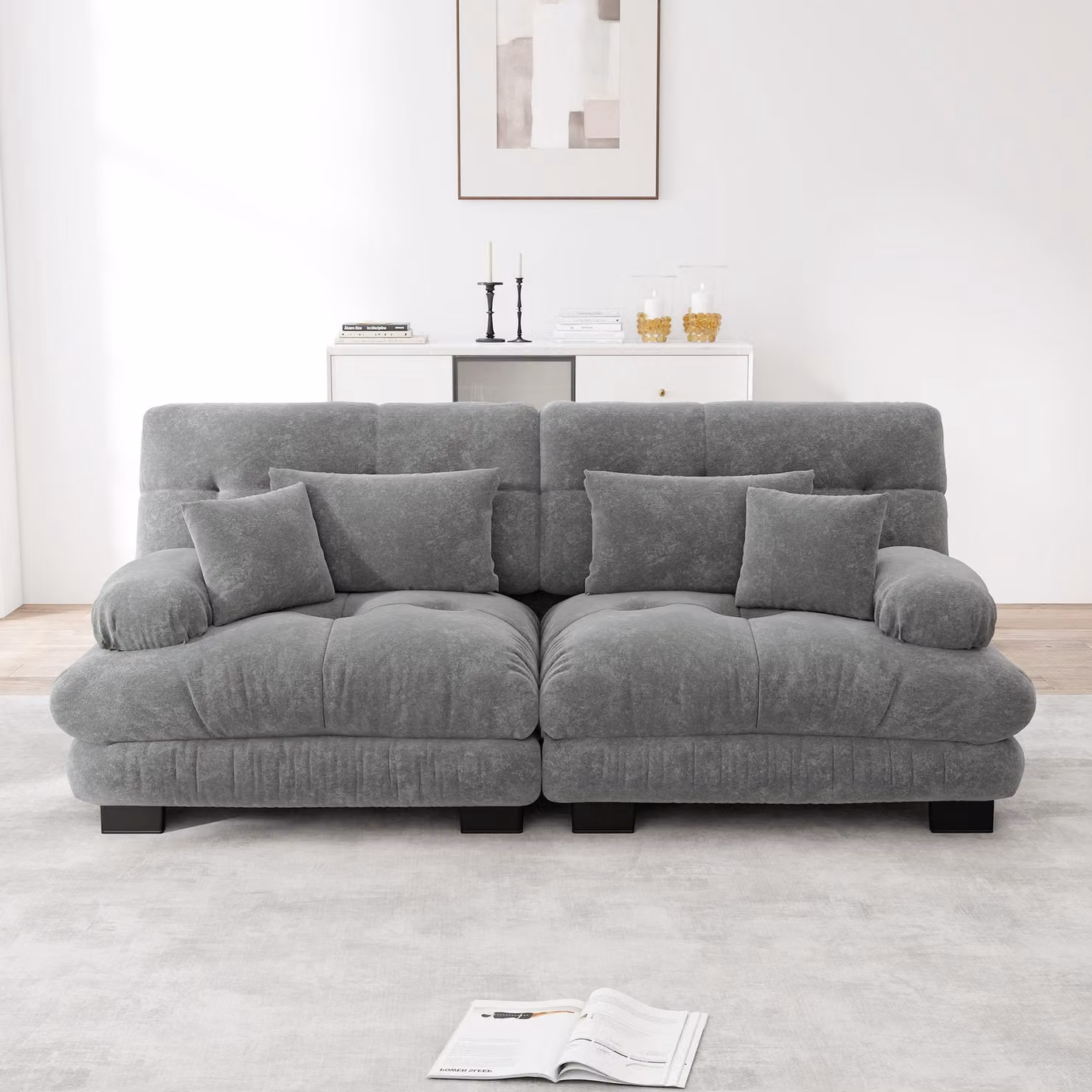 Divano angolare Sweiko Cloud per soggiorno, divano doppio in ciniglia con 2 cuscini lombari e 2 cuscini decorativi, struttura in legno massiccio, ciniglia grigio