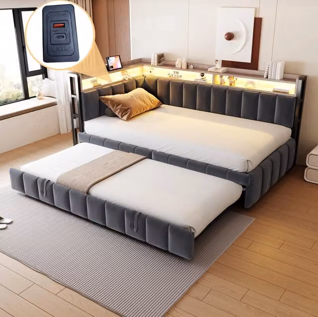 Divano letto imbottito 90x200 cm grigio con letto estraibile, LED, USB e Type-C