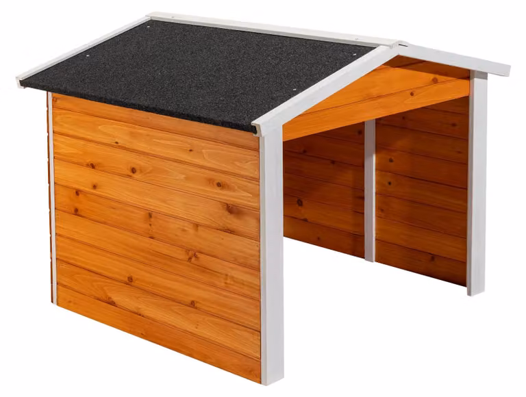 Garage in legno per tosaerba robot, dimensioni 87x80x70 cm, con tetto a falda e finitura in legno naturale