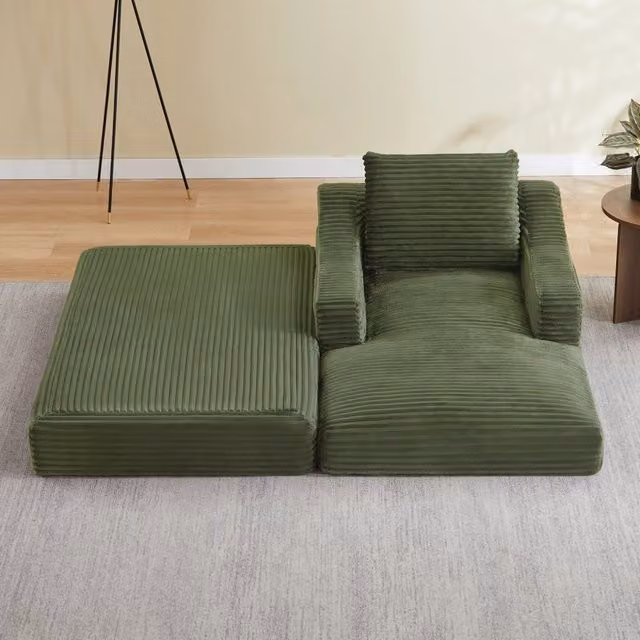 Fauteuil convertible in velluto a coste con design a doppio strato e cuscino estraibile per relax, schiuma verde
