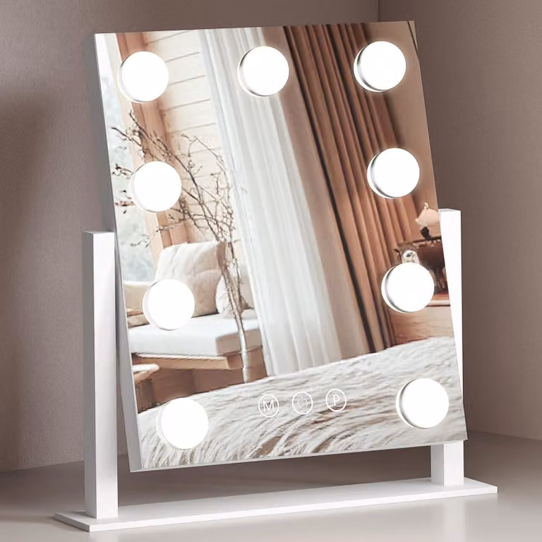 Specchio per trucco con 9 LED dimmerabili, 3 modalità di colore, controllo touch, colore bianco, dimensioni 30x25 cm