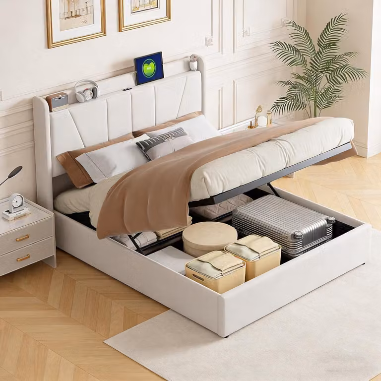 Letto con boxspring 160x200 cm, con spazio contenitore, struttura per letto matrimoniale con cassetti a sollevamento idraulico, testiera con prese USB, imbottitura in lino color beige, senza materasso