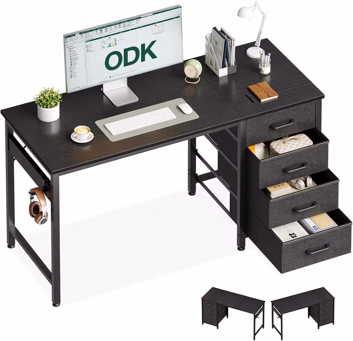 Scrivania con 4 cassetti, dimensioni 120 x 48 x 75,7 cm, in legno, con supporto per cuffie, ideale per l'ufficio domestico