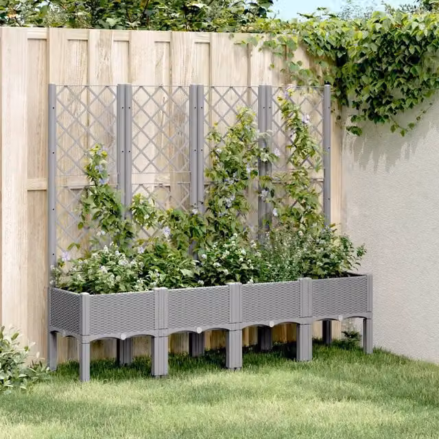 Fioriera da giardino con traliccio per piante rampicanti Design Mania, colore grigio chiaro, L: 160 cm, P: 40 cm, H: 142 cm