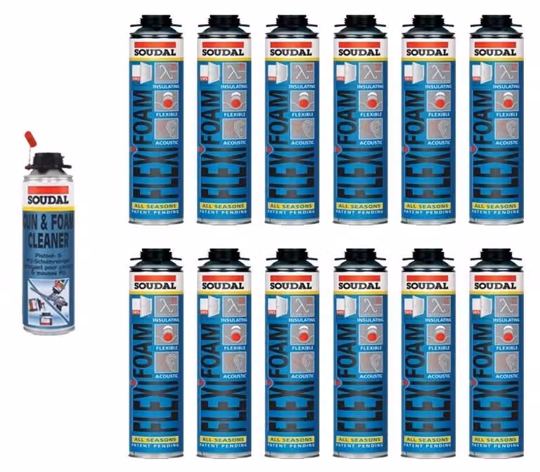 Set di 12 bombole di schiuma isolante per finestre Flexifoam da 500 ml, con detergente per pistola applicatrice