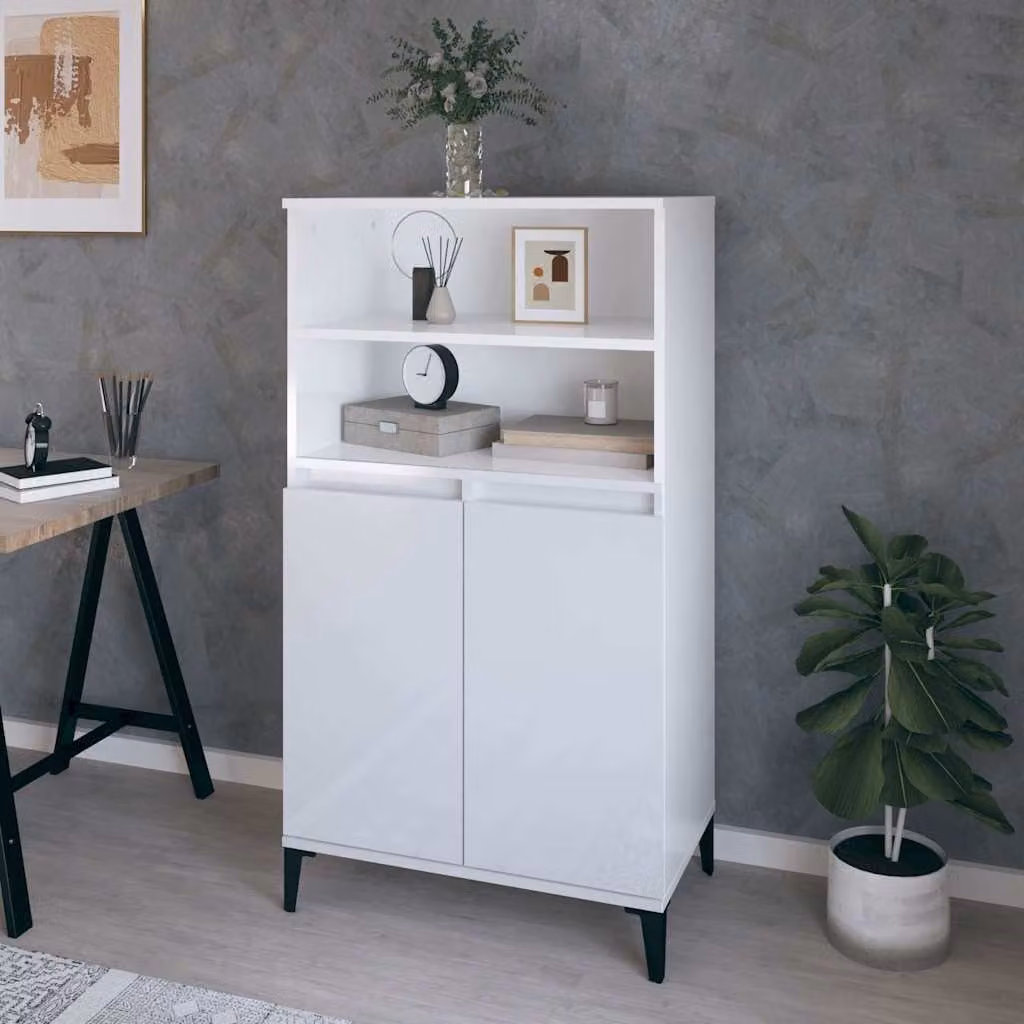 Credenza vidaXL Bianco Lucido in Legno Multistrato e Metallo L: 60 cm, P: 36 cm, H: 110 cm