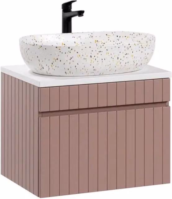 Set ICON: mobile sottolavabo 60cm rosa cipria + piano per lavabo bianco + lavabo da appoggio marmorizzato