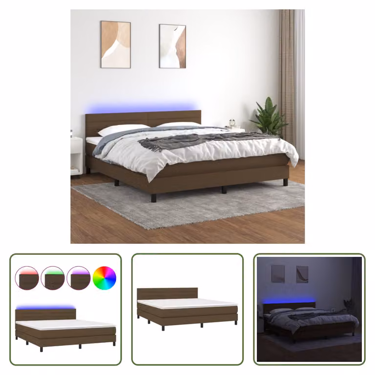 The Living Store Letto a molle con materasso e LED in tessuto marrone scuro 180x200 cm