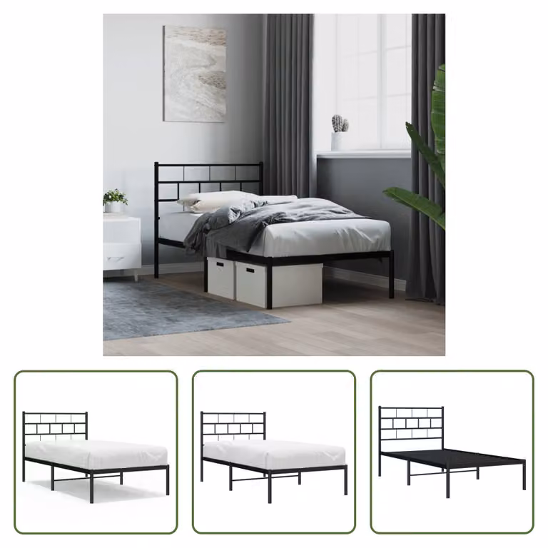 The Living Store Struttura letto con testiera in metallo nero 100x200 cm