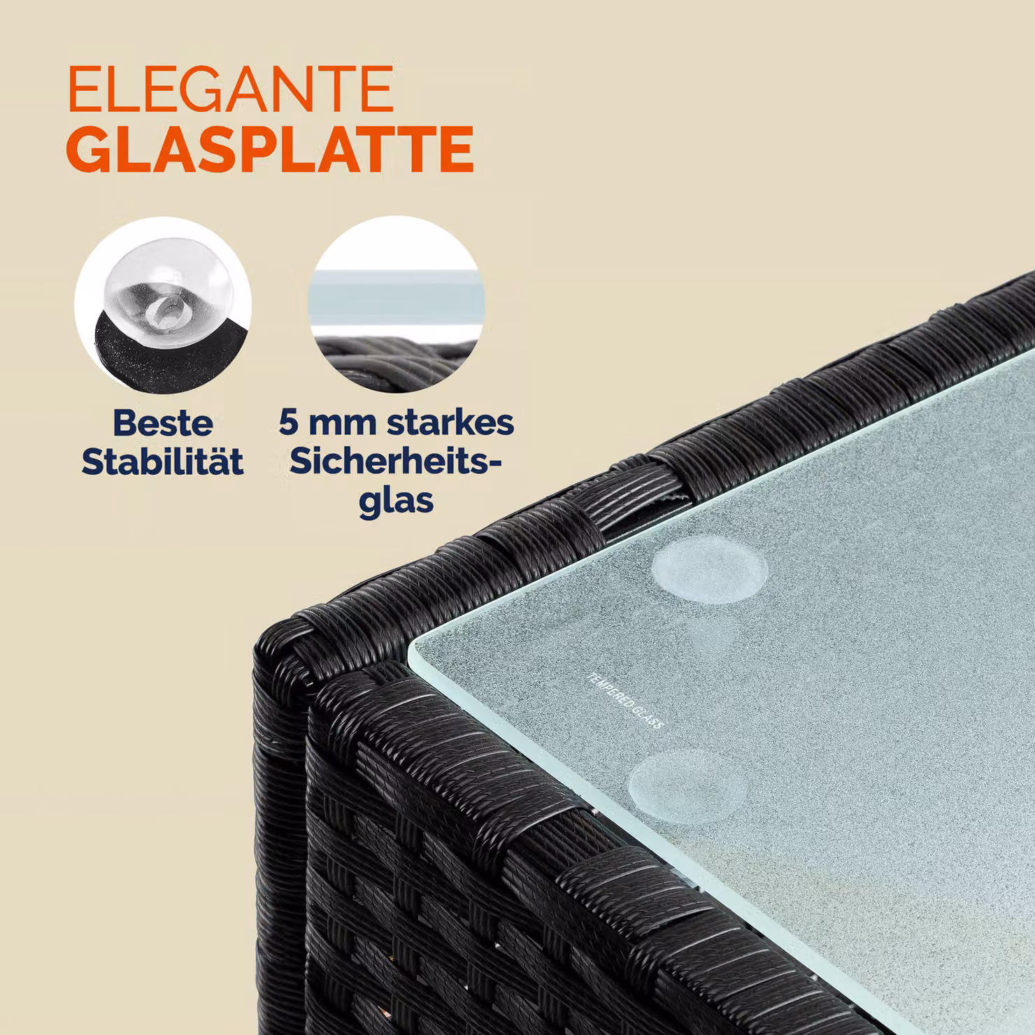Tavolino da giardino quadrato Casaria in polyrattan e vetro nero L/P/H: 58 x 58 x 42 cm – 4