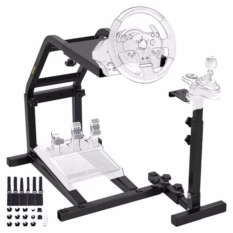 Supporto per simulatore di guida, altezza regolabile da 22,4 a 28,5 pollici, supporto per volante di dimensioni 9"x9,8", supporto per leva del cambio con altezza regolabile da 13,8 a 20,9 pollici, base per pedali di dimensioni 15,4"x19,5", peso del prodot
