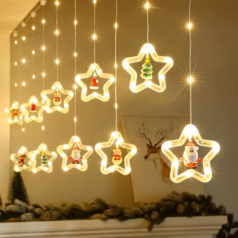 Tenda luminosa con stelle, 3 metri, 120 LED, alimentazione USB, luce bianca calda, decorazione natalizia