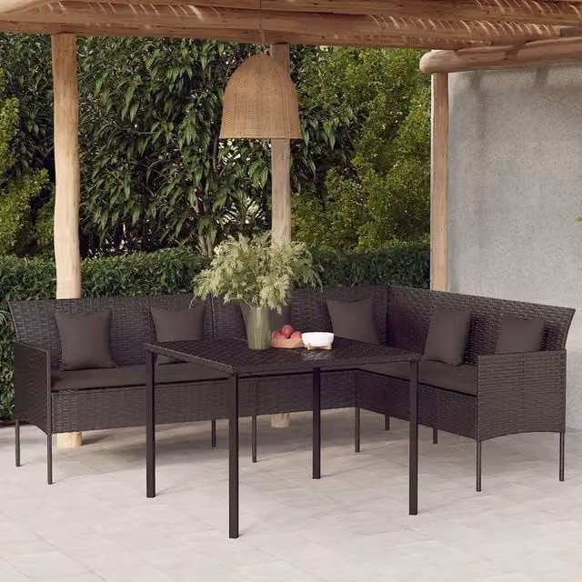 Divano da Giardino a L con Cuscini-Sofa da Giardino-Divano da esterno Nero in Polyrattan 727902