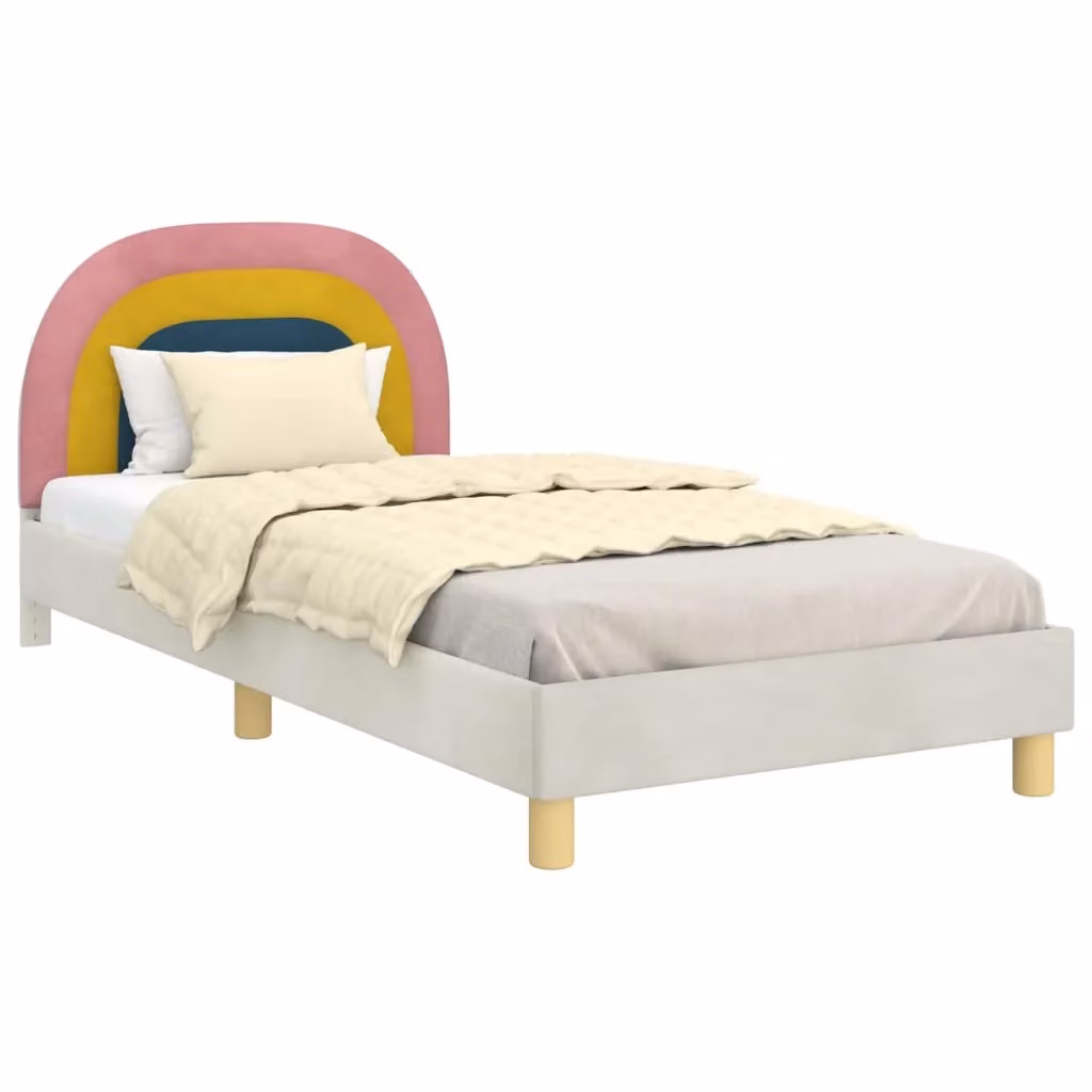 Struttura letto per bambini con testata e giroletto in velluto beige, L/P/H: 90 x 190 x 94 cm – 2