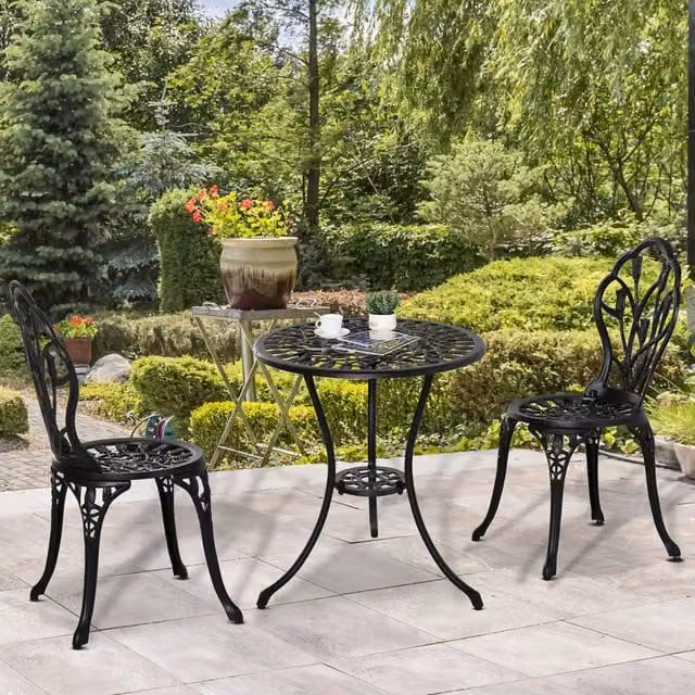 Set tavolo e sedie da giardino con tavolo rotondo e 2 sedie pieghevoli in alluminio nero