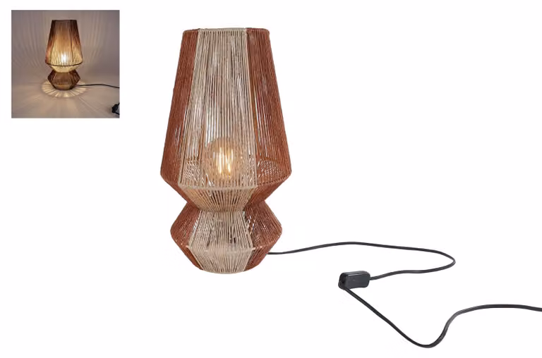 Lampada da tavolo Van Manen, illuminazione d'atmosfera, beige terra, metallo e juta, 23x23x40,5 cm