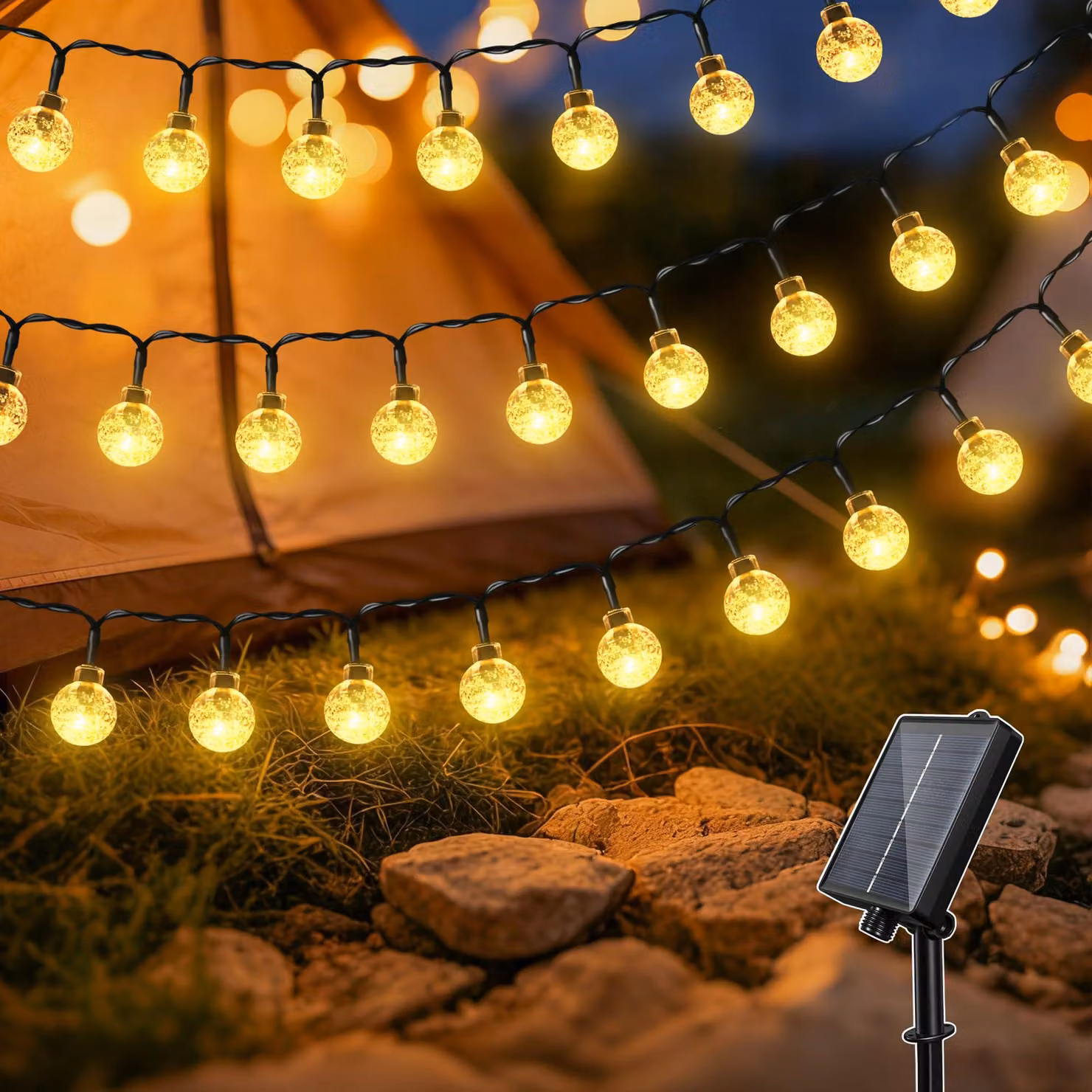 Catena luminosa solare, 10 metri, 100 LED, luce bianca calda, 8 modalità
