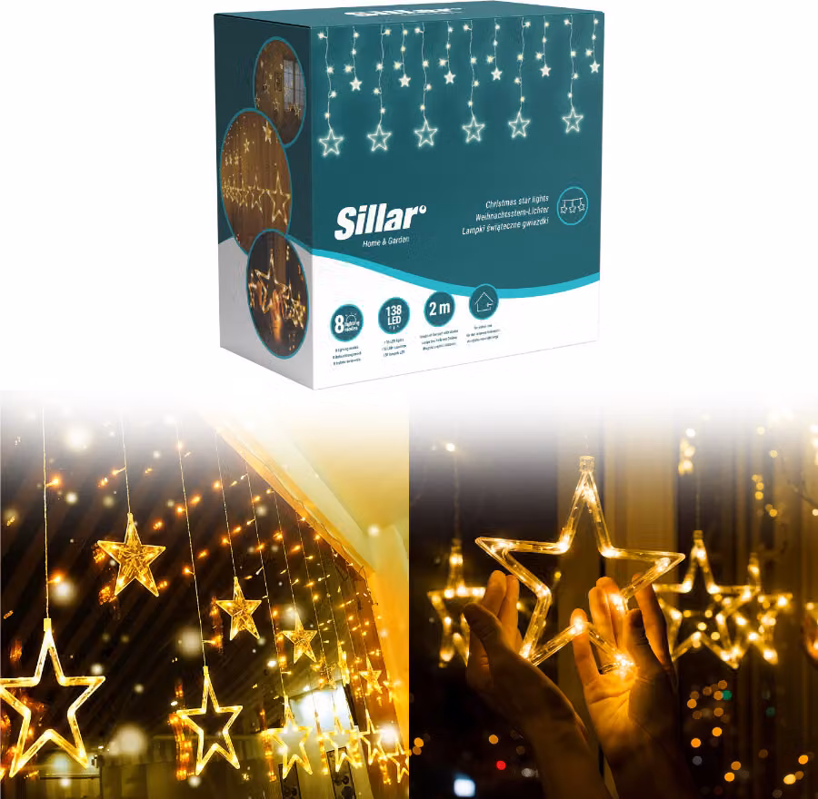 Sillar stringa luci stelle con 12 stelle LED, 138 LED finestra luci di Natale 8 modalità