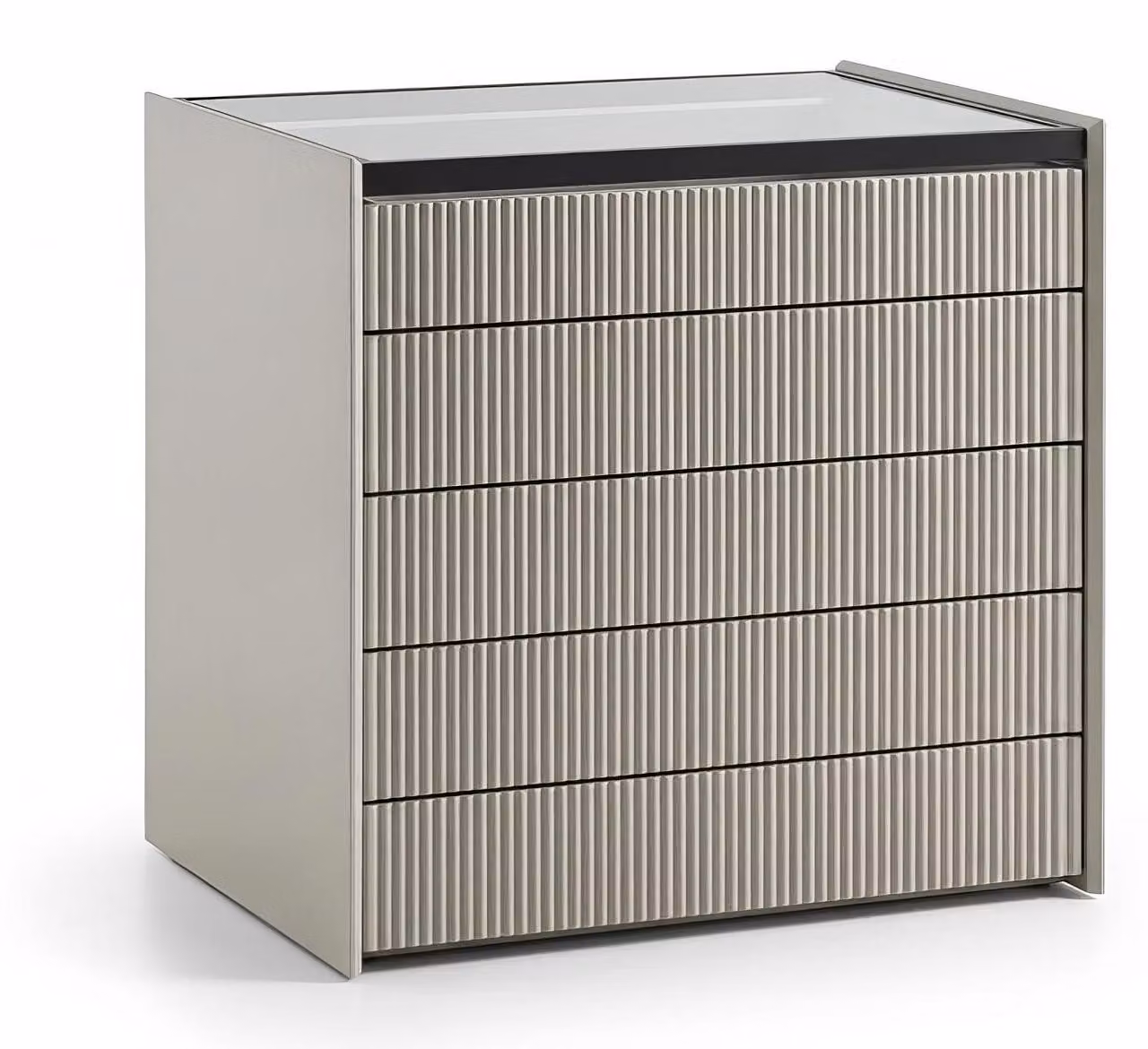 Comodino moderno beige, design lussuoso, con cassetti, in vetro