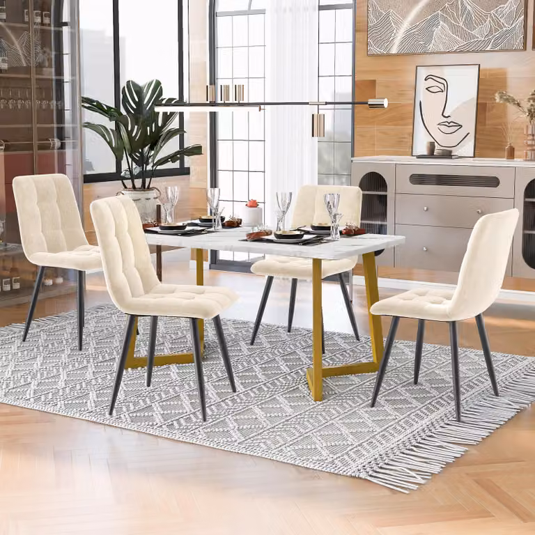 Set tavolo da pranzo Fortuna Lai 117 cm con 4 sedie, tavolo da pranzo rettangolare Set tavolo da cucina moderno ,sedie da pranzo in velluto beige, gambe del tavolo dorate