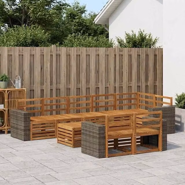 Set di divani da esterno a L vidaXL in legno di acacia marrone con tavolo da caffè e cuscini inclusi – 1