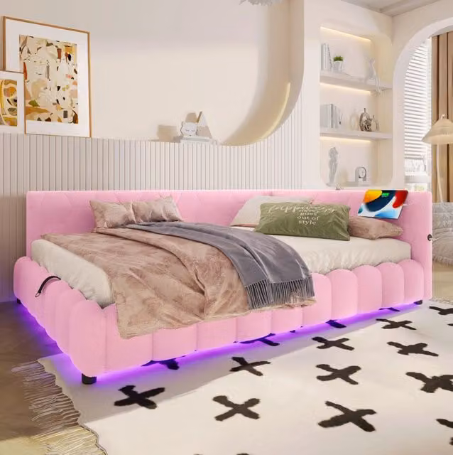 Letto da giorno 140x200 cm con vano contenitore idraulico; LED USB e Type C; velluto rosa (Senza materasso)