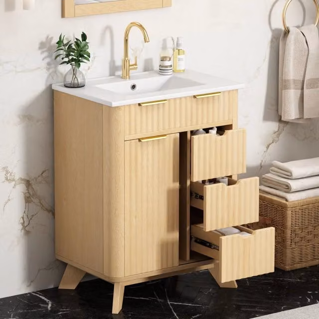 Mobile da bagno con lavabo in ceramica, 3 cassetti, ripiani, ante scorrevoli; rubinetti non inclusi,colore del legno naturale e bianco