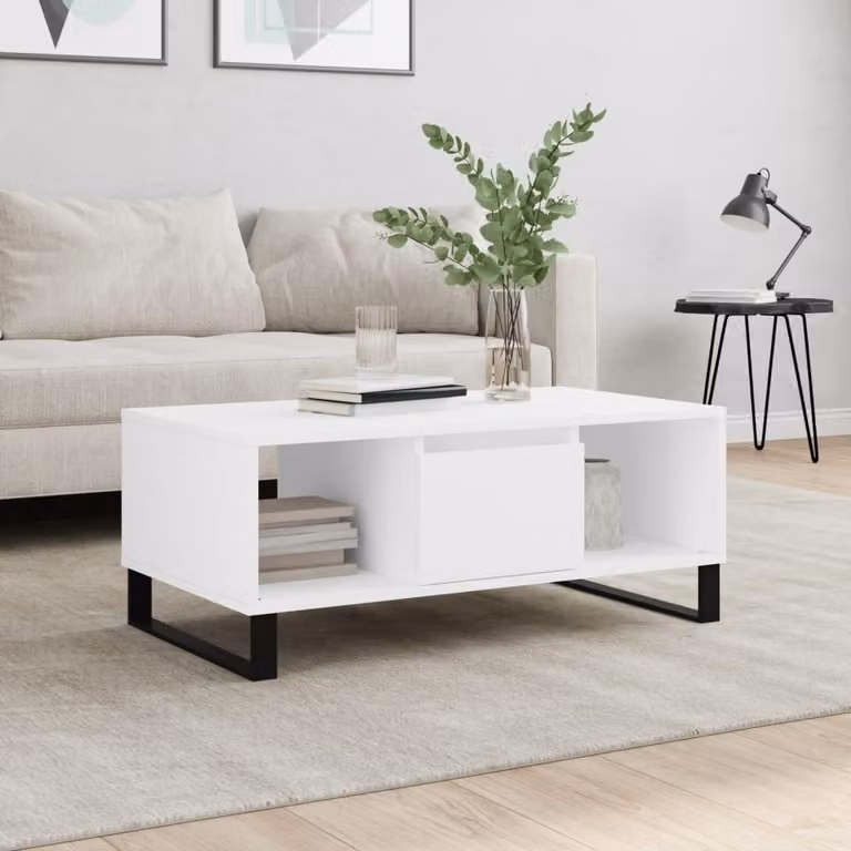 vidaXL Tavolino da Salotto Moderno Bianco in Legno e Metallo L: 90 cm, P: 50 cm, H: 36,5 cm