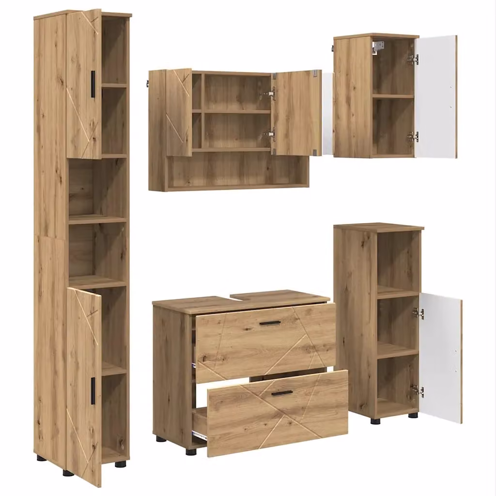Set di mobili per bagno moderno vidaXL in legno e metallo color rovere, composto da mobile lavabo, armadietto con specchio, mobile laterale, colonna alta e pensile a parete – 2