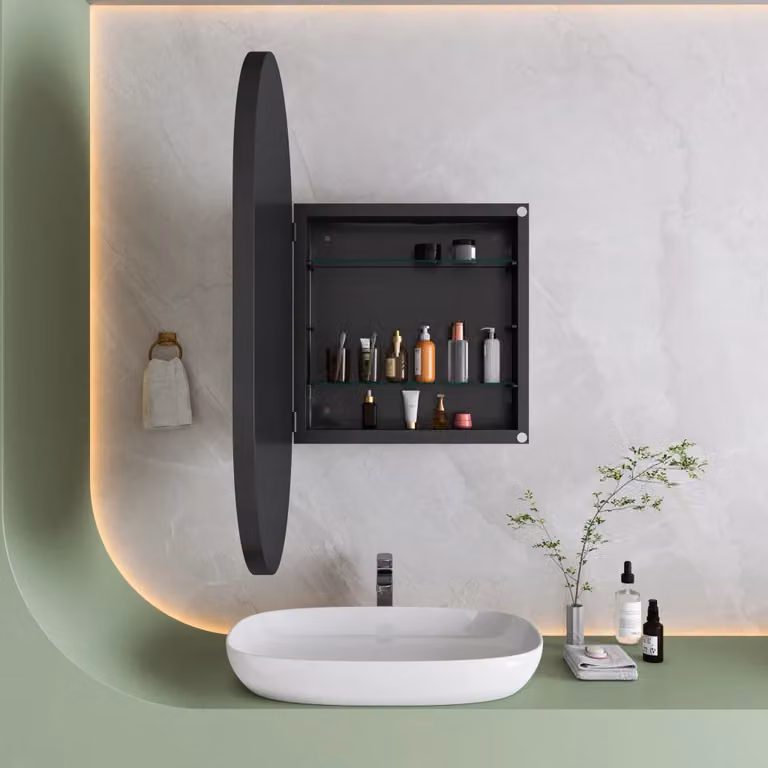 Armadietto a specchio OKWISH moderno in metallo e vetro nero con ante a vetro e ripiani interni per bagno, camera da letto o soggiorno, installazione a parete o incasso
