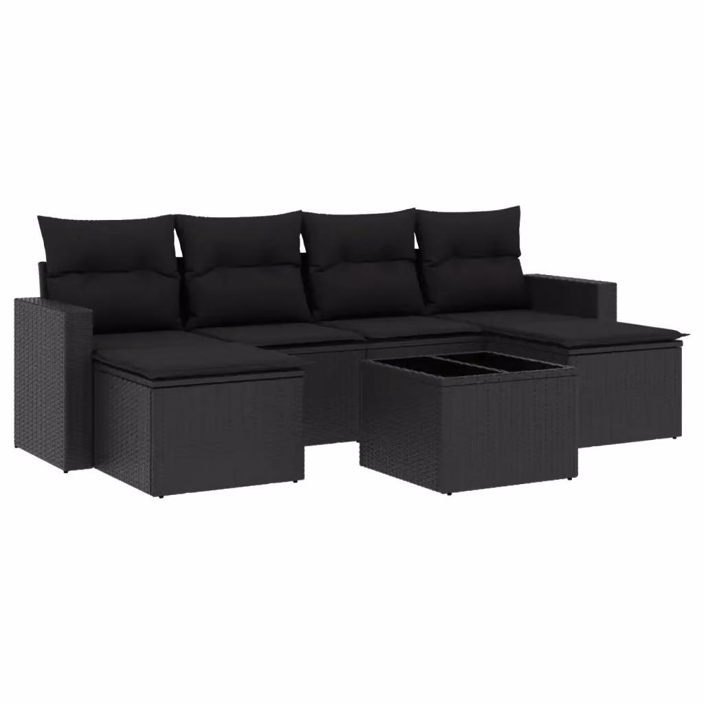 Set di divani da giardino vidaXL a forma di L con cuscini e tavolino, 7 pezzi, nero in polyrattan e metallo – 2