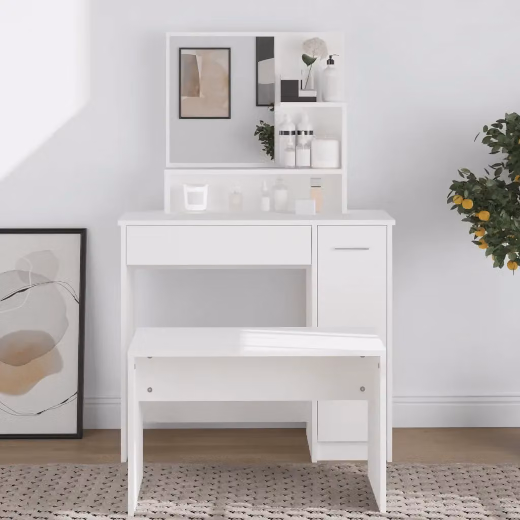 Toeletta moderna con specchio bianco in MDF laminato lucido L: 86,5 cm, P: 35 cm, H: 136 cm – 2