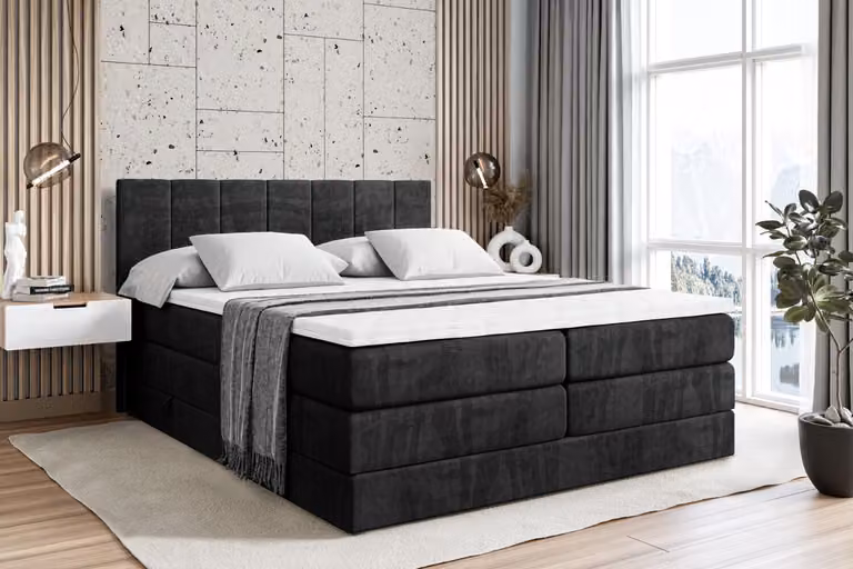 Letto boxspring ALTDECOR con 2 materassi e topper - 160x200 cm - MOETI KING - Velluto nero - Letto imbottito con materassi H3 e H4, contenitore e rete a doghe, letto con spazio contenitivo