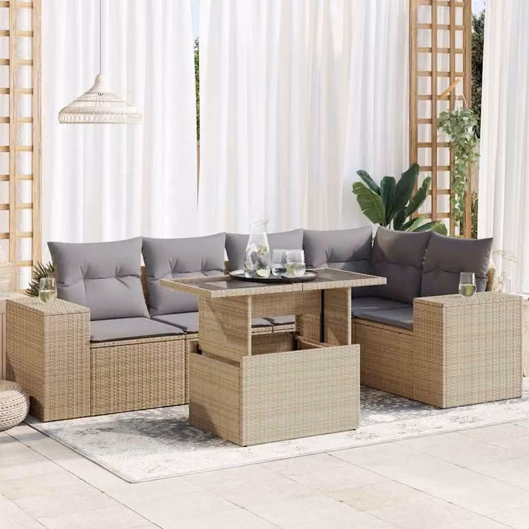 Set Divano da Giardino vidaXL 6 pz con Tavolino in Vetro e Cuscini Beige e Grigio in Polyrattan e Metallo