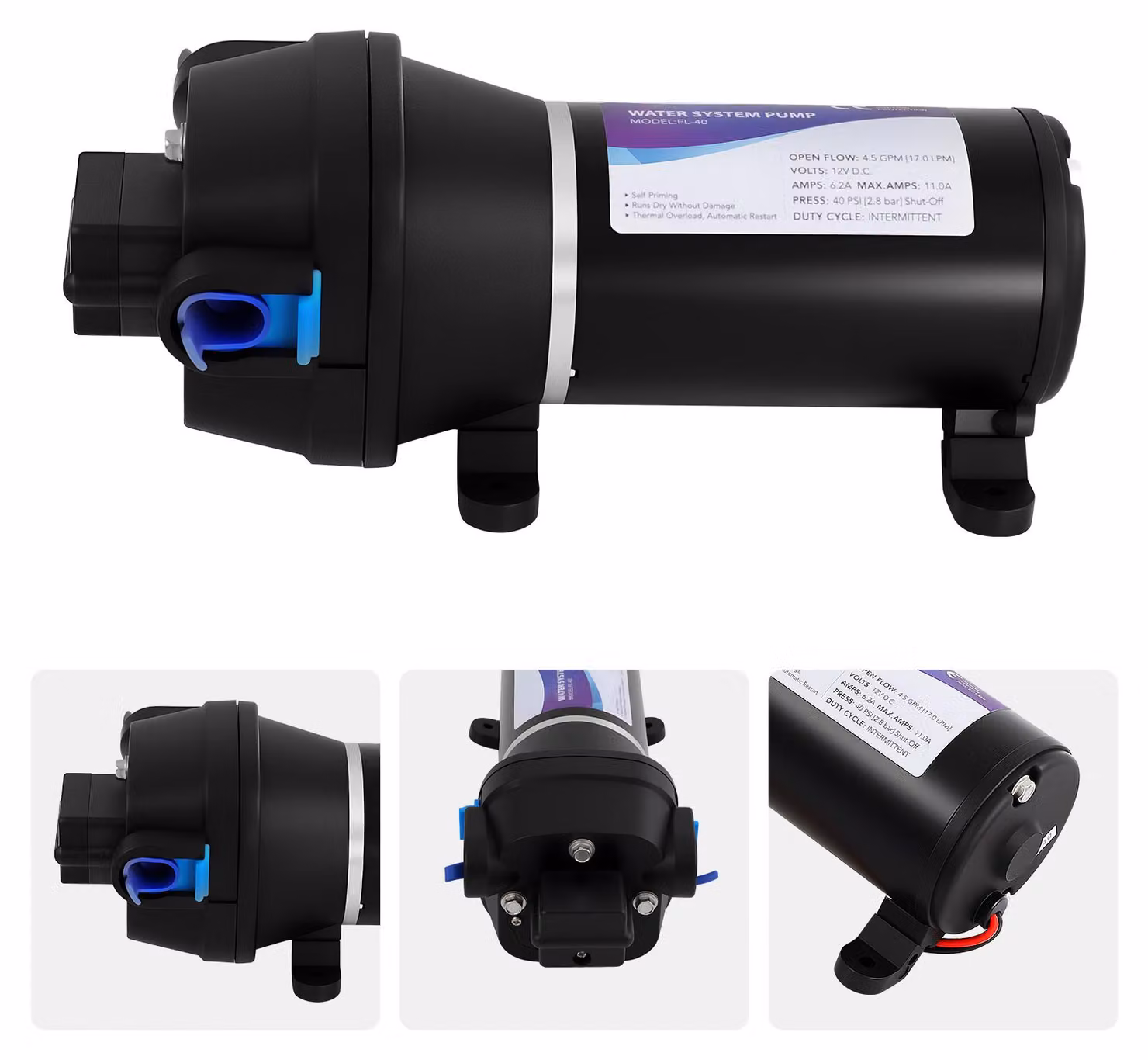 Pompa dell'acqua autoadescante - 12 V - Elettrica - Pressione: 40 PSI - Portata: 17 litri/minuto - Colore: nero - Adatta per imbarcazioni e caravan