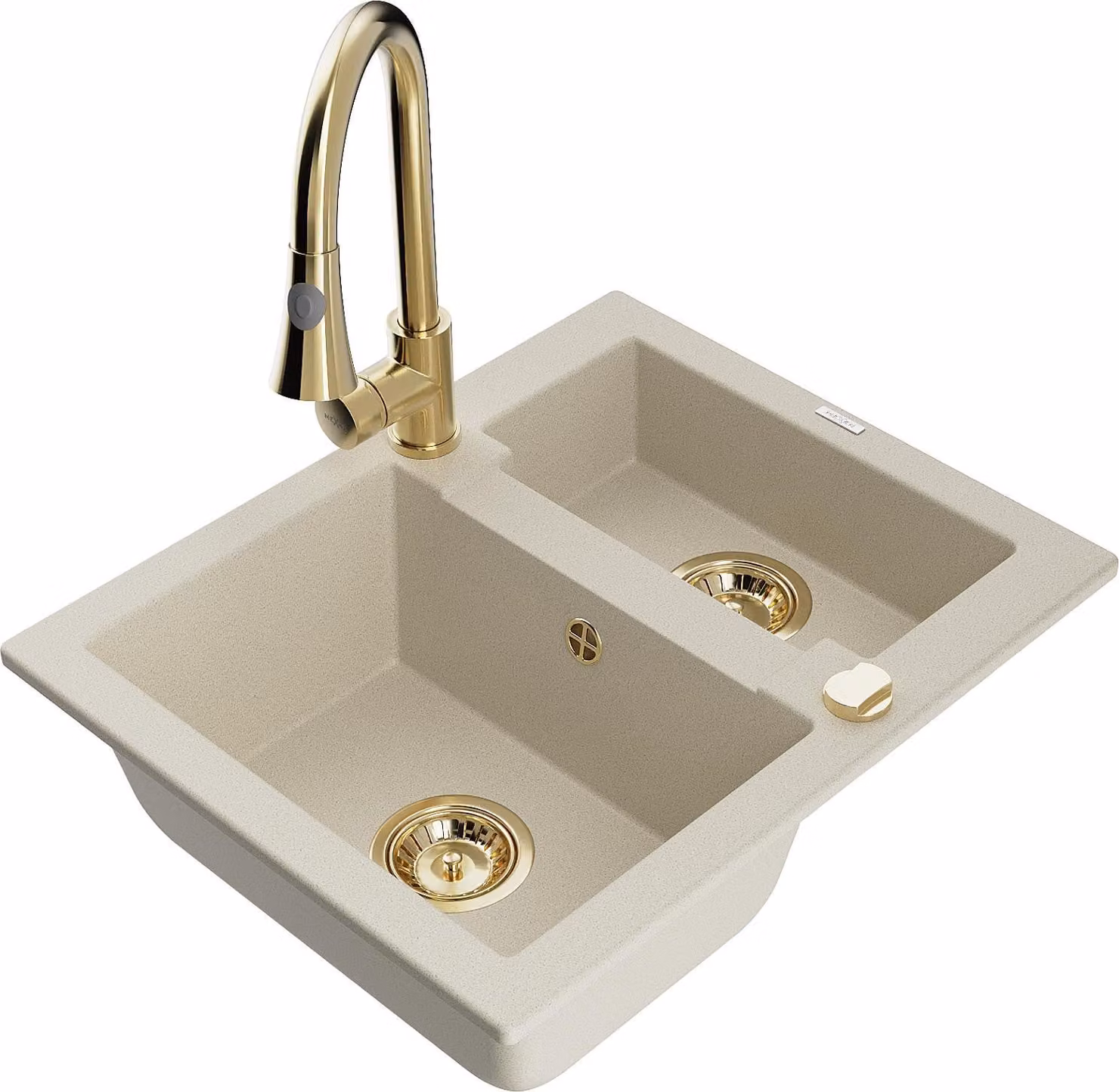 Mexen Carlos lavello da cucina in granito 1,5 vasche con rubinetto Elia, beige - 6518-69-670101-50