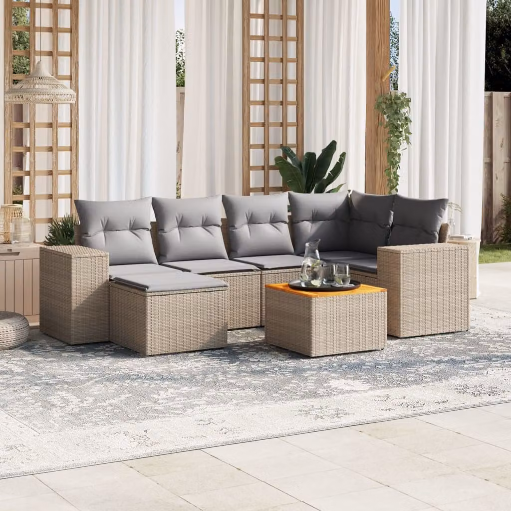 Set di Divani da Giardino vidaXL 7 Pezzi in Polyrattan con Cuscini Beige e Struttura in Metallo per Terrazza e Outdoor – 1