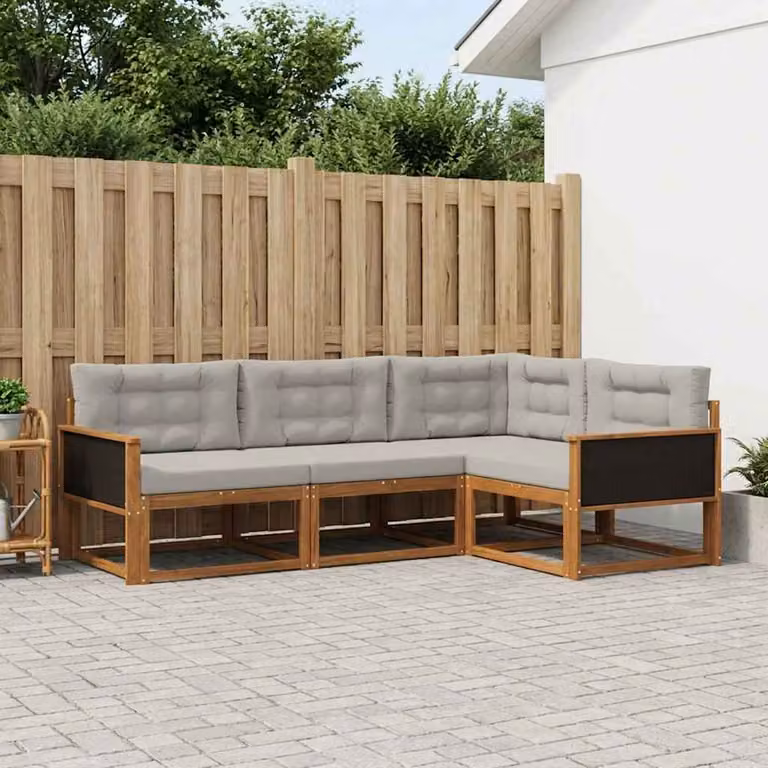 Set di divani da esterno vidaXL a forma di L in legno di acacia con cuscini, colore marrone e grigio chiaro